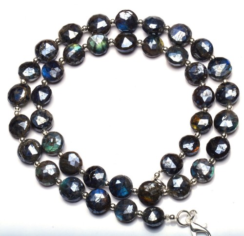 Natural Gem Coated Labradorite 8 to 11MM Faceted Coin Shape Beads Necklace 18" - 第 3/7 張圖片