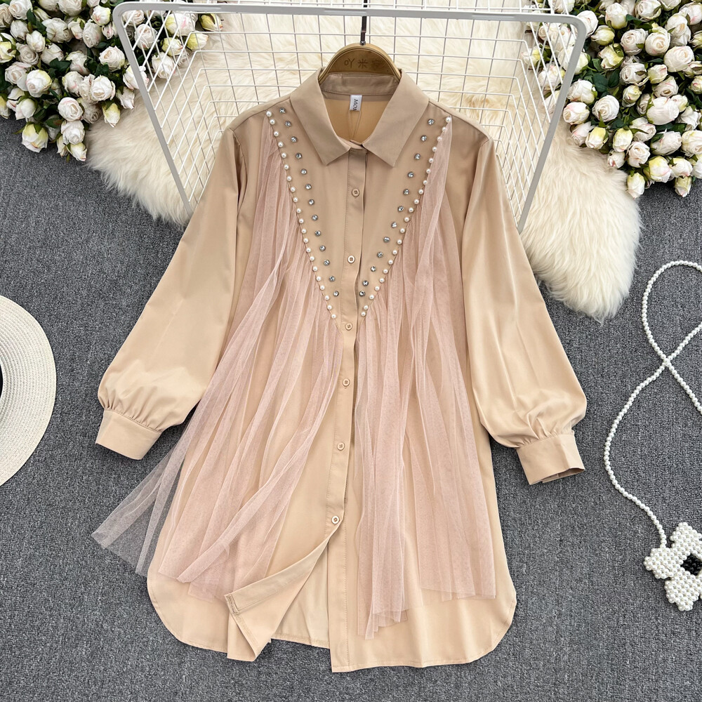 Women's Long Sleeve PATCHWORK DRESS Mesh Studded Long Western-Style Shirt Blouse | eBay Women's Long Sleeve PATCHWORK DRESS Mesh Studded Long Western-Style Shirt Blouse | eBay