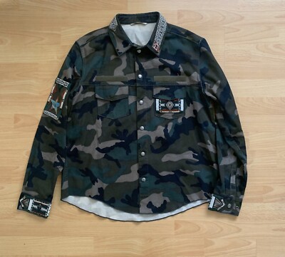Valentino Jacket Camo Shirt with Beaded Trim, Green Size 56