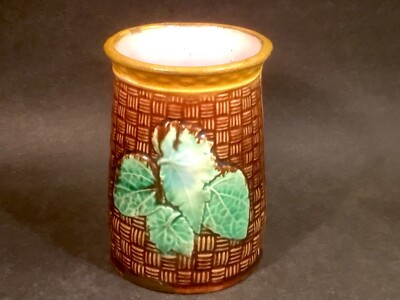 Antique English Majolica Geranium Leaves on Basketweave Spooner or Vase c.1800's