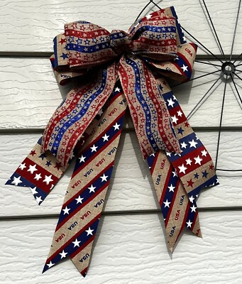 15'' USA Red Burlap Blue PATRIOTIC Bow 4TH July Independence Decor Ribbon