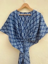 Indian Blue Floral Sleepwear Cotton Kaftan Dressing Maxi Gown Dress Kaftan US