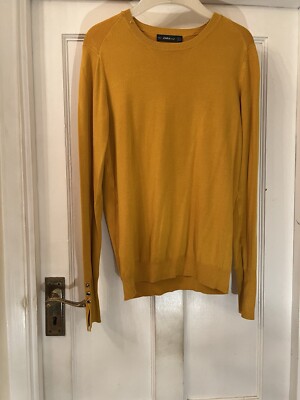 Neu Zara Gelbgold Senf Rundhals Pullover mit 3 Knöpfen Schlitz Manschetten, Large