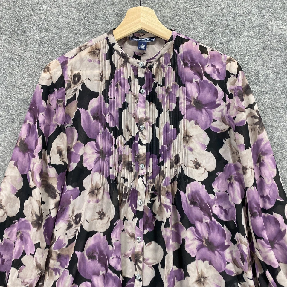 Blusa American Living Top Mujer S Pequeña Púrpura Floral Abotonada Manga Larga Foto 4 de 4