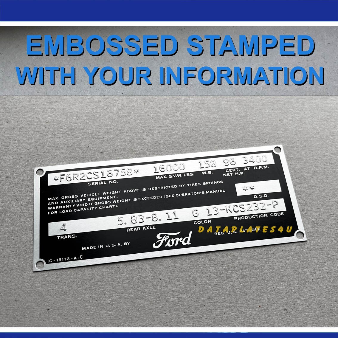1951 1952 FORD TRUCK TRIM OPTION DATA PLATE RATING TAG F1 F2 F3 F4