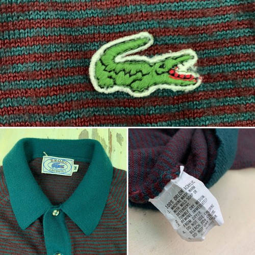 LACOSTE Vtg Dark Red & Green Striped Collared Polo Acrylic Sweater, Mens MEDIUM - Picture 11 of 11