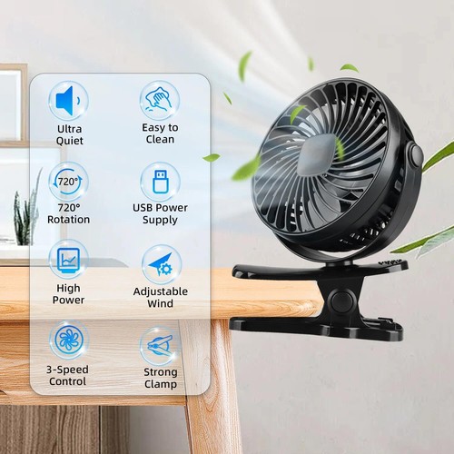 3 Speeds USB Rechargeable Mini Cooling Fan Clip On Desk Baby Stroller Portable - Picture 9 of 19
