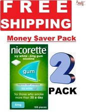 2 PACK Nicorette Nicotine 4mg Gum ICY WHITE 105 Pieces - FREE SHIPPING TO USA