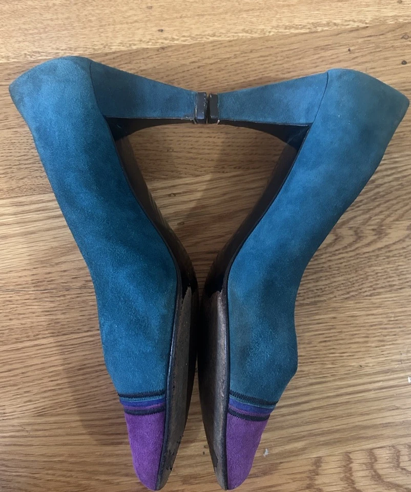 VTG 80’s Bally Suede Color Block Pump Teal Fuchsia 10 M 3 In Heel Made In Italy - Image 4 of 4