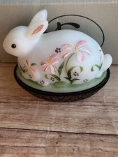 Fenton Art Glass Bunny on Purple Nest Hand Painted Flowers Signed by S Davis Vtg