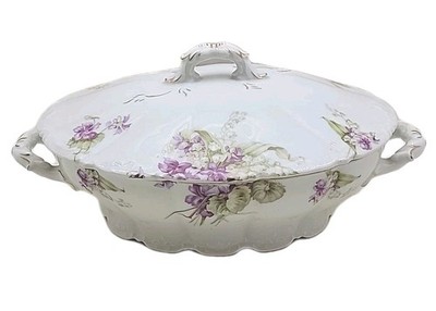 Weimar Germany Covered Serving Dish handled w/ lid floral purple, green, gold