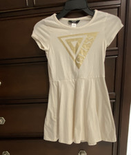GUESS White/Gold Logo T-Shirt Dress Short Cap Sleeve Round Neck Size S