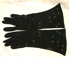 Vintage 1950s Van Raalte GLOVES 11.5" Black Cotton Rhinestones Embroidery Size 6