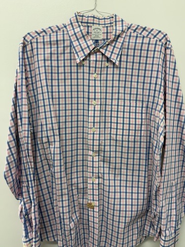 Camicia elegante Brooks Brothers rosa blu a quadri slim fit manica lunga XL - Foto 1 di 5
