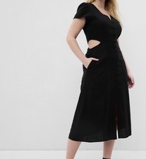 Gap Dress Womens 10 Black Linen Cutout Button Front Midi Short Sleeve A-Line