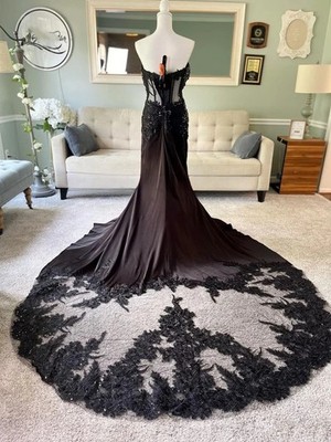 Black Fit and Flare Black Wedding Dress Gothic Lace Backless Sweep Train |  eBay