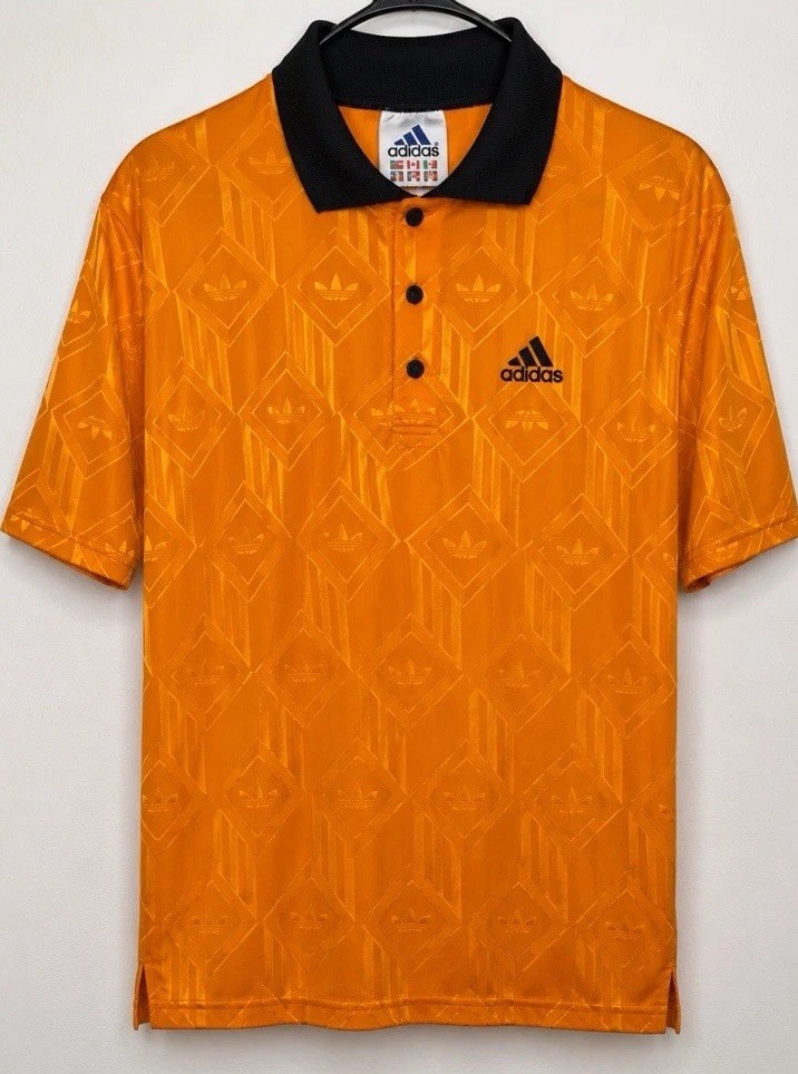 Vintage 90s Adidas Soccer Training Polo Jersey Orange Trefoil All Over Print M
