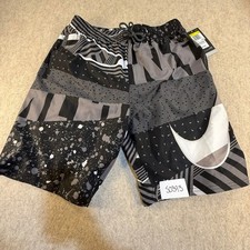 NWT Nike Mens Swim Trunks M Black Grey Collage Swoosh Board Shorts NESS9454-001