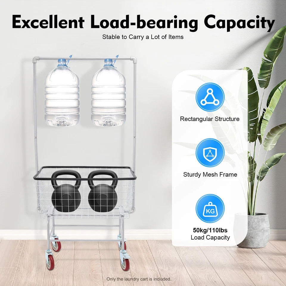 Commercial Laundry Basket Cart Steel Wire Laundry Cart Trolley 50kg/110lbs - Image 2 of 4