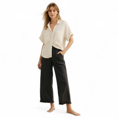 Match Point Black Linen Ruffle Hem Pants M Minimalist Coastal Boho Made in USA