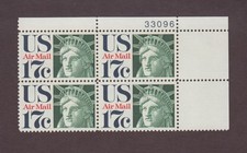 US, C80, STATUE OF LIBERTY, VINTAGE, AIRMAIL, MINT NH, PLATE BLOCK