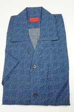 Isaia Napoli Cobalt Blue Floral Short Sleeve Cotton Dress Shirt 15.5/39 NEW