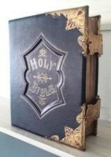 LARGE ANTIQUE HOLY BIBLE, BRASS CLASPS & CORNERS, PLATES, UNUSED REGISTER, c1880