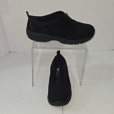Lands End Womens Black Suede Front Zip Slip On Walking Shoes Loafers AD185
