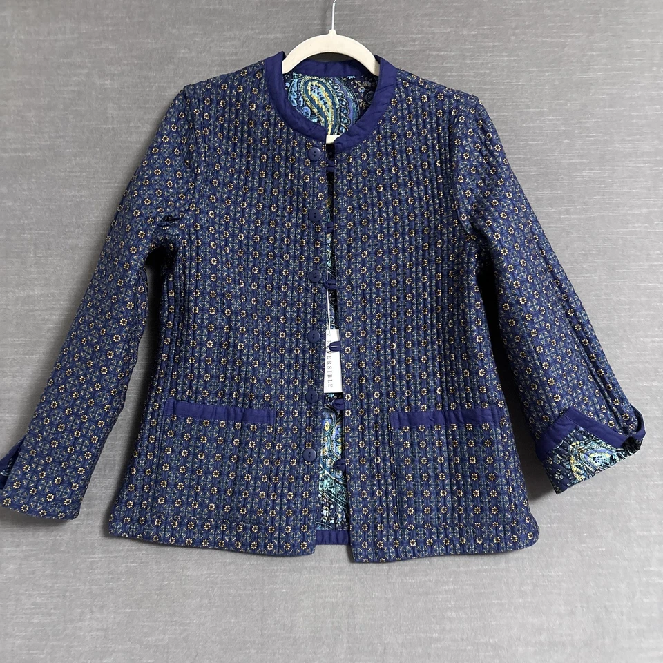 Chaqueta Appleseeds Mediana Azul Verde Cachemira Reversible Acolchada Capa Otoño Nueva Foto 2 de 4