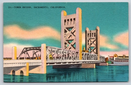Sacramento Kalifornien ~ M Street Tower Lift Bridge über Fluss ~ 1940er Leinen Postkarte