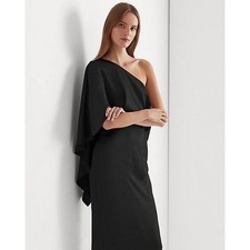 NWT Ralph Lauren Women's Black Satin One Shoulder Cape Evening Gown Dress US 2