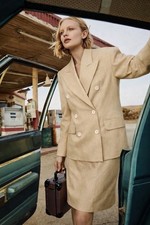 GUCCI Vintage Skirt Suit Set Blazer Jacket Beige Sand 100 Linen Size IT42 S M