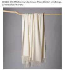 Premium Cashmere Throw Blanket with Fringe, Luxuriously Soft Ivory 