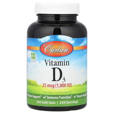 Carlson Labs Vitamin D3 1 000 IU 25 mcg  250 Soft Gels Casein-Free, Gluten-Free,