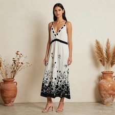 Boho Cottage Midi Dress White Black Floral Cotton A-Line V-Neck Pockets M