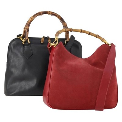 GUCCI Bamboo Hand Bag Leather Suede 2 Set Black Red Auth 170525 | eBay