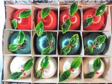 12 Vintage Unbeakable Satin Thread Christmas Ornaments Red Green White