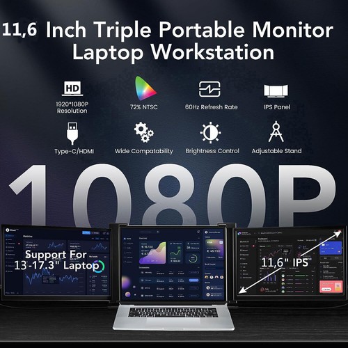 Dual Portable Monitor Tri Screen Extender IPS FHD HDR Triple Display for Laptops - Picture 3 of 23