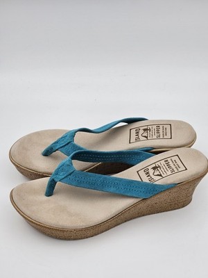 Island Slipper Womens 9 Made in USA Flip Flops Blue Turquoise Suede Oahu Hawaii