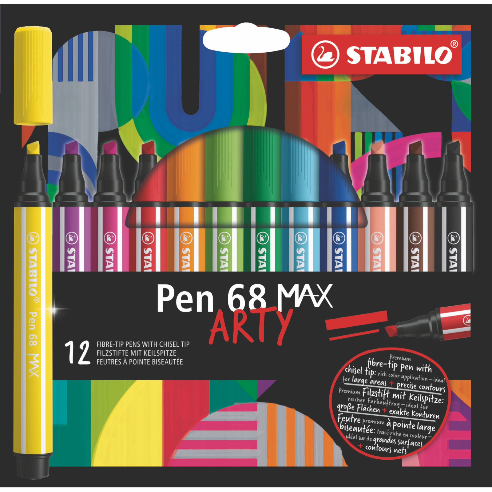Premium Fibre-Tip Pen with Chisel Tip - STABILO Pen 68 MAX - ARTY - Pack of 12