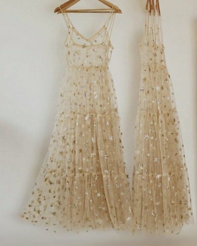L/XL Gold Mesh Glitter Starry Overlay Dress Cottagecore Girly Feminine - 第 1/2 張圖片