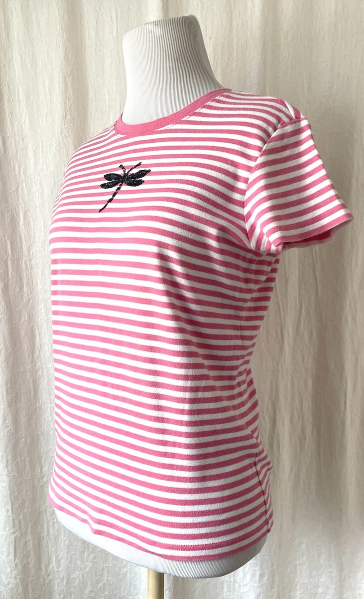 トップス si Talbots T Shirt Pink Striped Cotton Sequin Dragonfly sz S | eBay