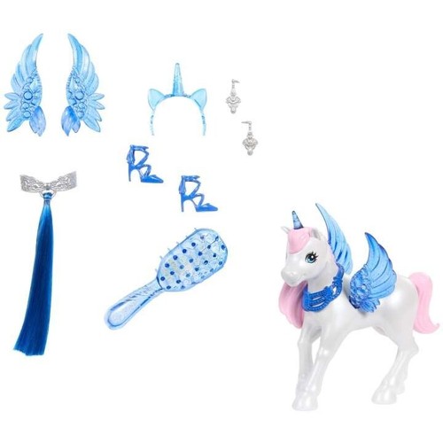 Barbie unicorno giocattolo, bambola 65 ° anniversario con capelli blu abito rosa e alicorno per animali domestici - Foto 10 di 10