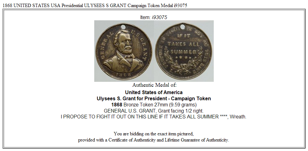1868 UNITED STATES USA Presidential ULYSEES S GRANT Campaign Token