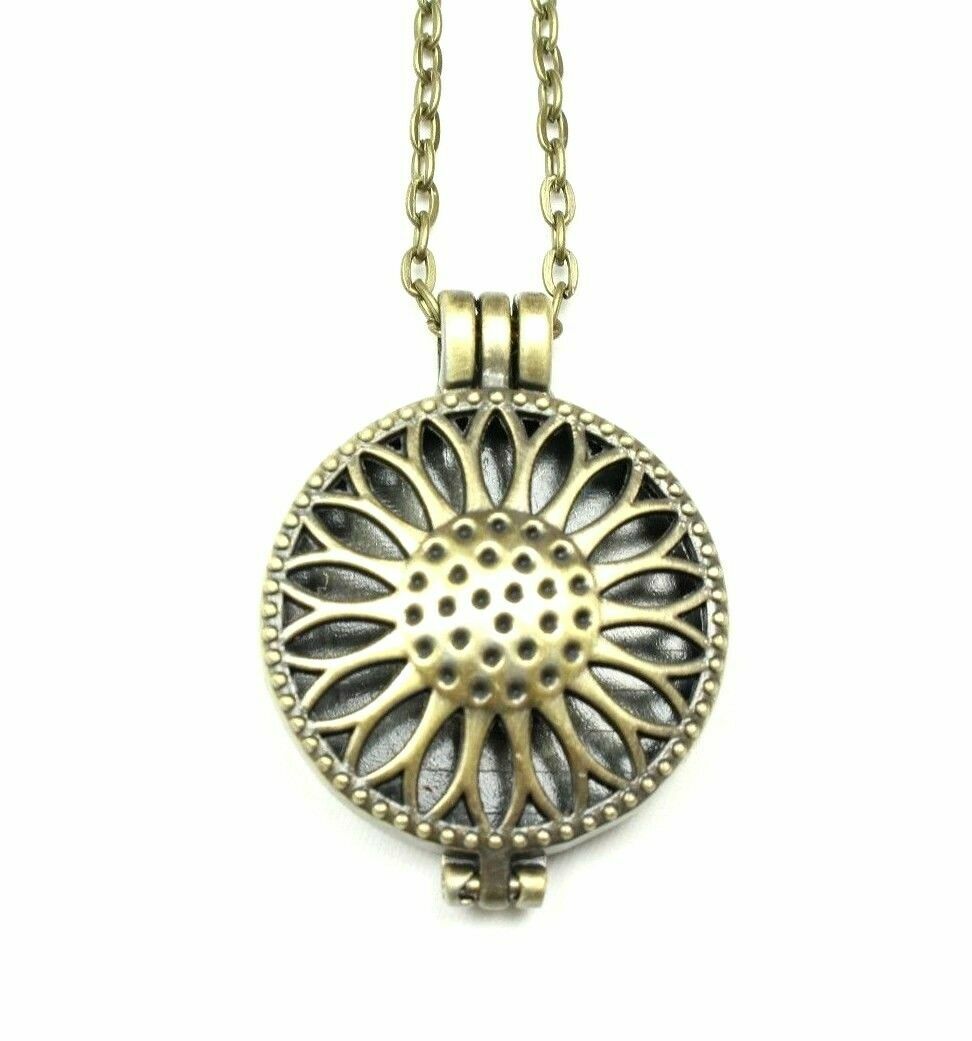Diffuser Necklace Floral Locket Pendant Bronze Tone