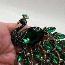 PEACOCK BROOCH Pin Pendant Green Navette Ab Rhinestone Bird Costume Jewelry