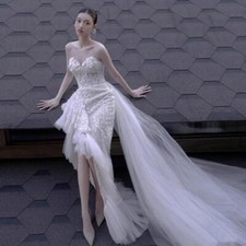 Gorgeous Off Shoulder Shine Sequins Lace Flounce Fishtail Gown Chic Bride Dress