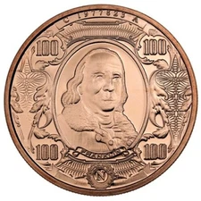 One 100-Dollar Franklin Banknote, 1oz 999 Copper BU Coin, Made in USA, Flashy!