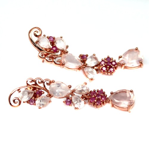 Unheated Rose Quartz & Red Ruby Earrings 925 Sterling Silver Rose Gold Coated - 第 2/4 張圖片