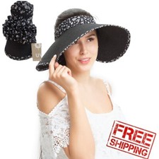 Womens Summer Sun Straw Visor Hat Foldable Roll Up Wide Big Brim Open Top Cap